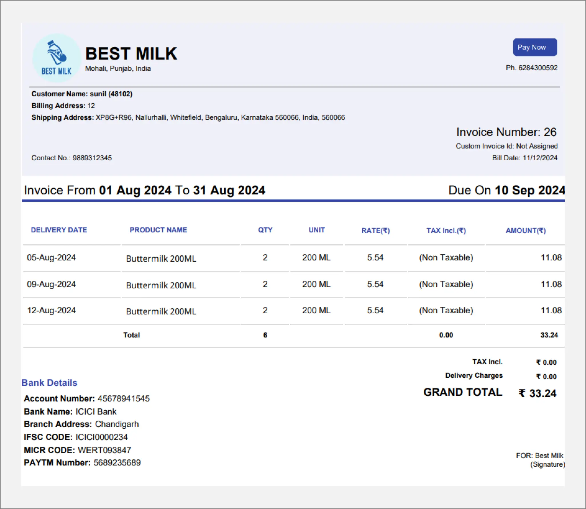 ravi garg, mds, invoice, screenshot, bestmilk demo